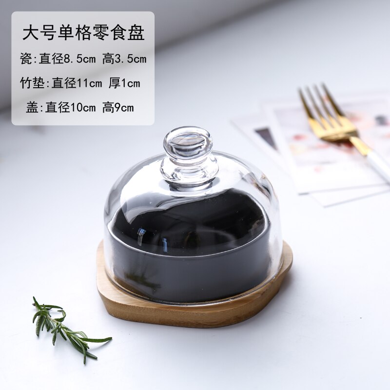 Noord-europese keramische snackschaal, set van 3 met glazen deksel, vershoudschaal voor restaurant, huishouden, taart, dessertschaal: B --1 stuk--l