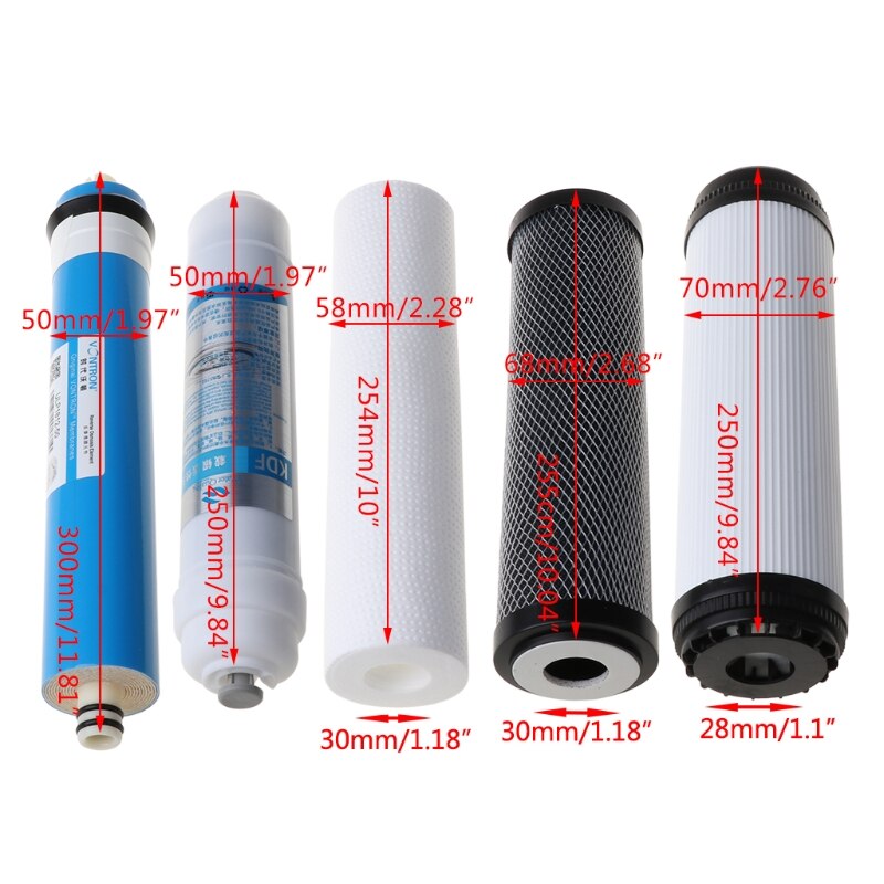 10 Inch Five-stage Reverse Osmosis Filter Set Water Purifier Element Cartridge 50 Gallon 5pcs/set