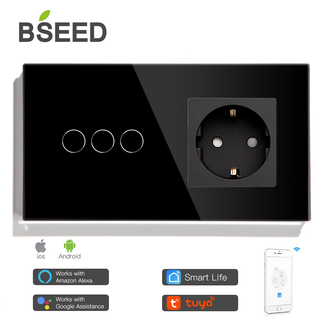 Bseed Mvava Wifi Touch Switch 1Gang 2Gang 3Gang Met Normale Eu Socket Zonder Wifi 3 Kleur Kristal glazen Paneel Smart Switch Alleen: Black 3 Gang