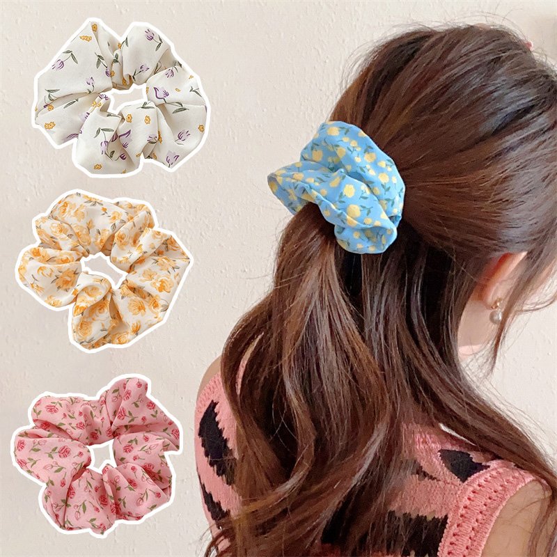 Scrunchies con estampado Floral coreano para mujeres y niñas, lazos para el cabello, diadema de rosa de tulipán, cuerda para el cabello, accesorios para el cabello, soporte para cola de caballo