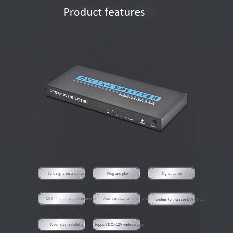 DVI Splitter 1 in 4 Out DVI 1X4 Splitter 4 Ports DVI-D Dual Channel Supports 3D 4K Resolution EU Plug