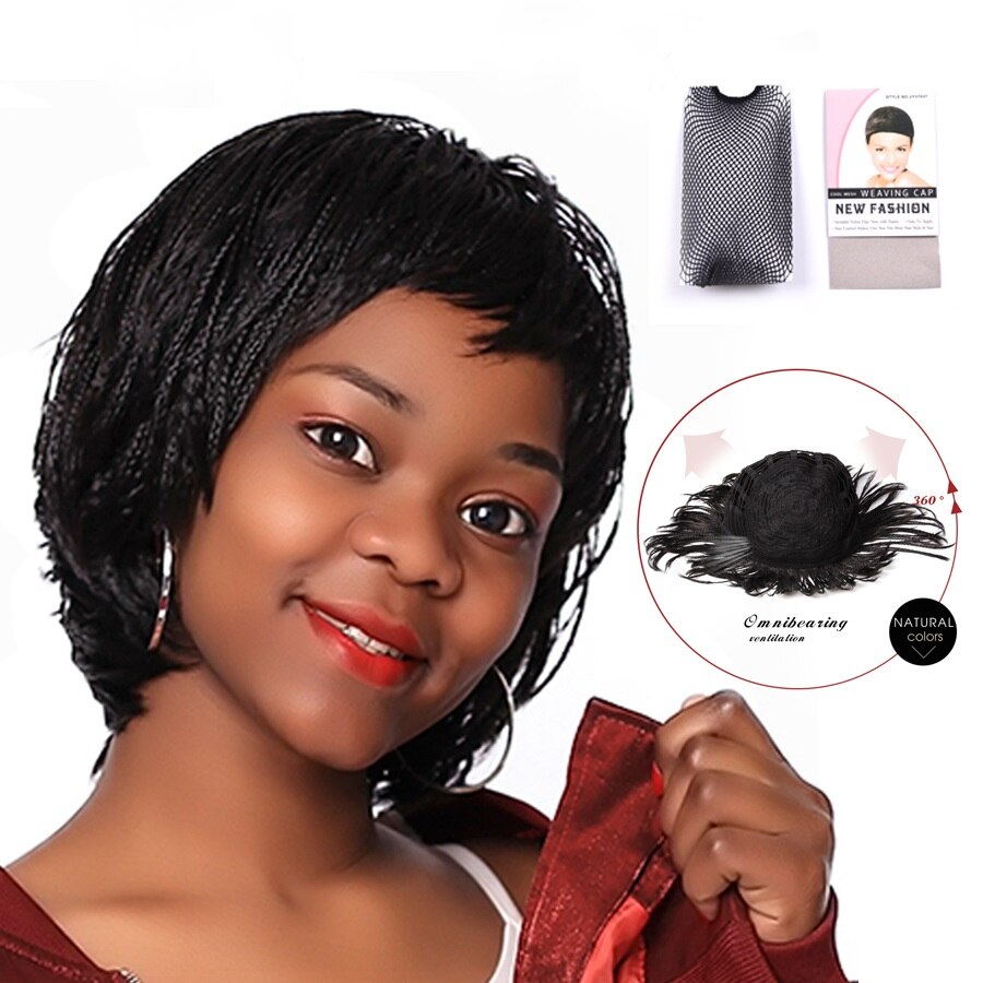 Leeons Natural Black Braided Wigs With Bangs Summer Short Wig For Women Box Braid African Wig Heat Resistant Synthetic Fiber: box wig