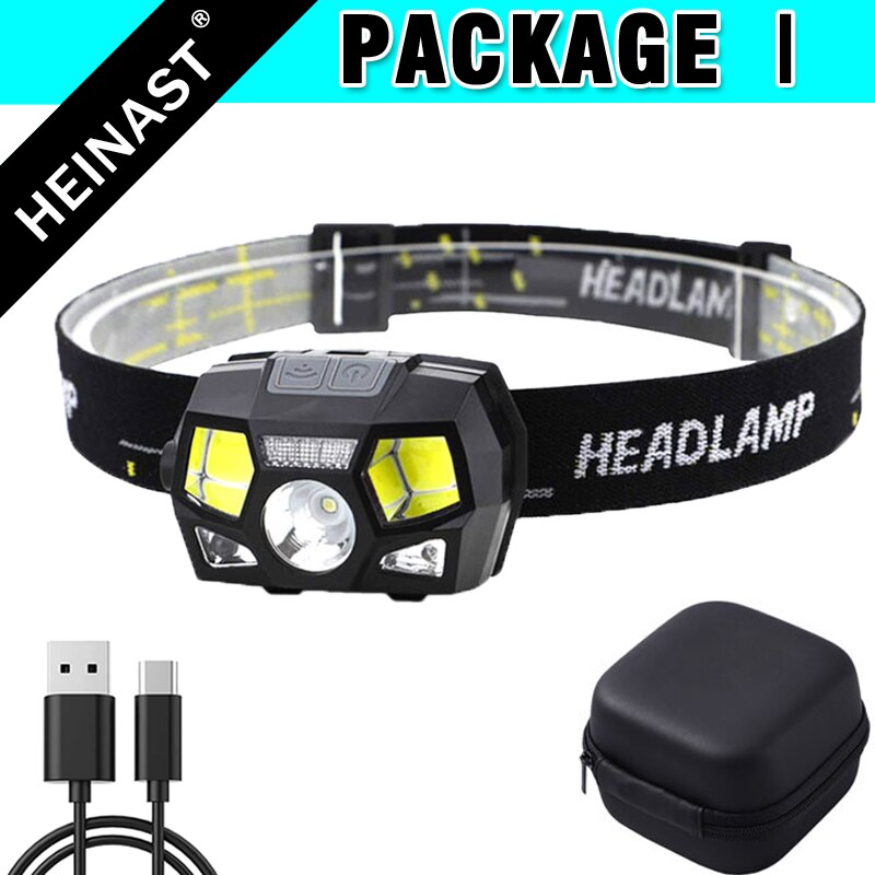 COB LED Headlamp USB Rechargeable Head Lamp with Built-in Battery Motion Sensor Inductive Headlight Multi-Mode Camping Light: I Packing