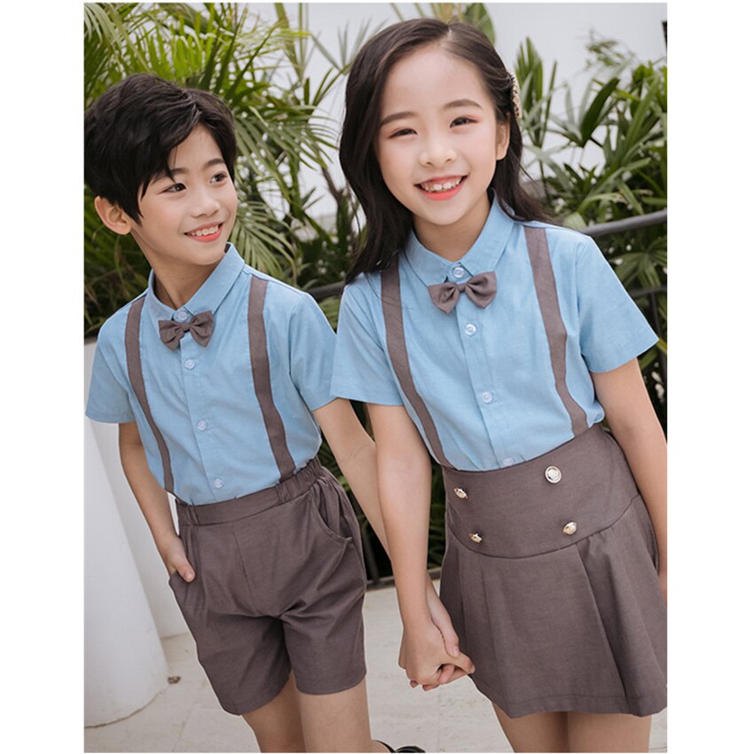Boys Girls School Uniforms Kids Class Clothing Set Summer British Style Strap Bow Chorus Costumes Children 100-180cm Team Wear