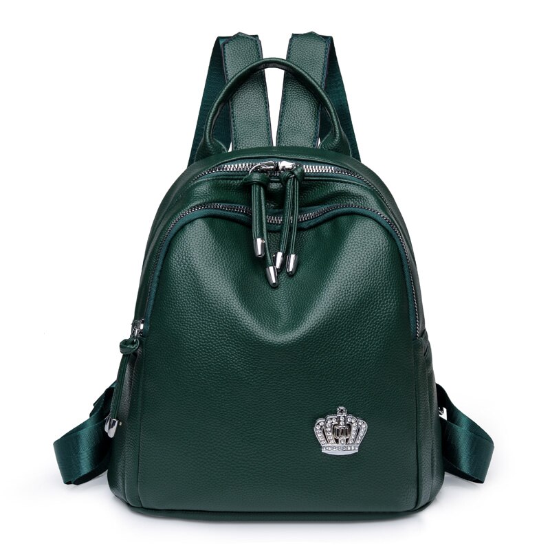 Zacht Leer Crown Decoratie Vrouwen Rugzak Effen Kleur Grote Capaciteit Mode Rugzak Vrouwelijke Casual Reizen Draagbare Bagpack: green