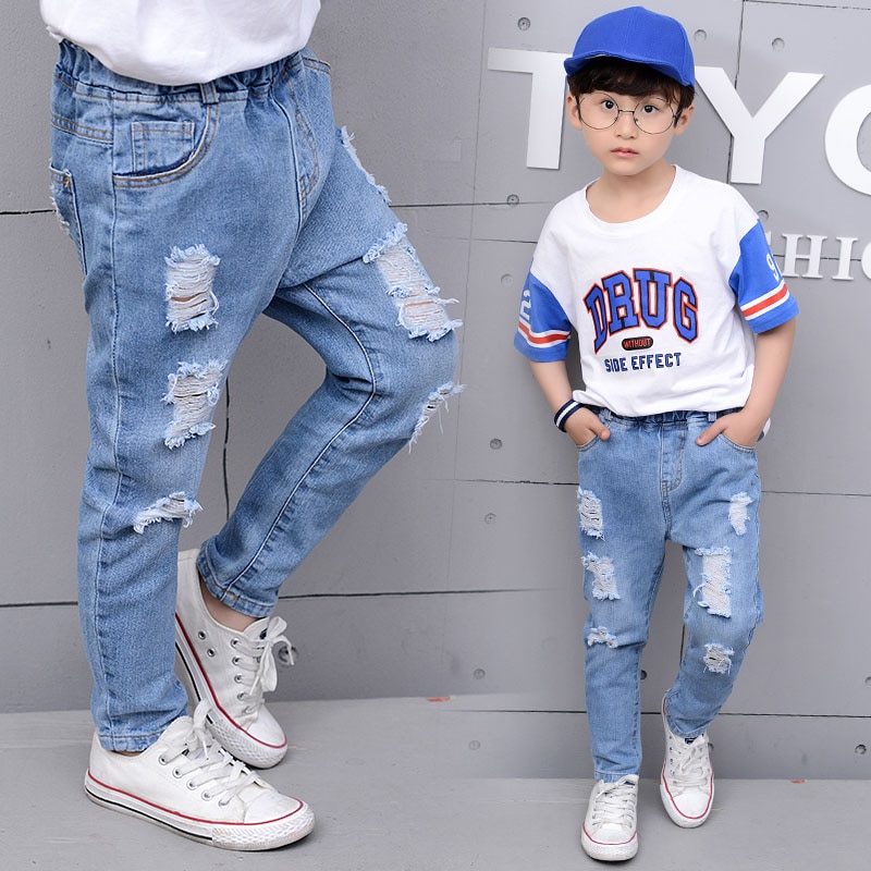 lässig Jungen Jeans Feste Elastische Taille Lange freundlicher Hosen Neue verlieren Löcher Jungen Denim Hosen für 8 10 12 14 jahre freundlicher