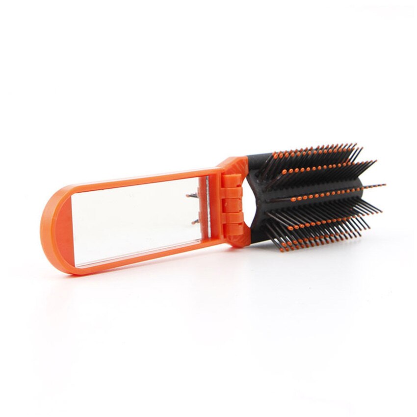Cepillo plegable para el pelo portátil de viaje con espejo, peine de bolsillo de peluquería, tamaño de bolsillo, monedero, peines de pelo de viaje: Orange