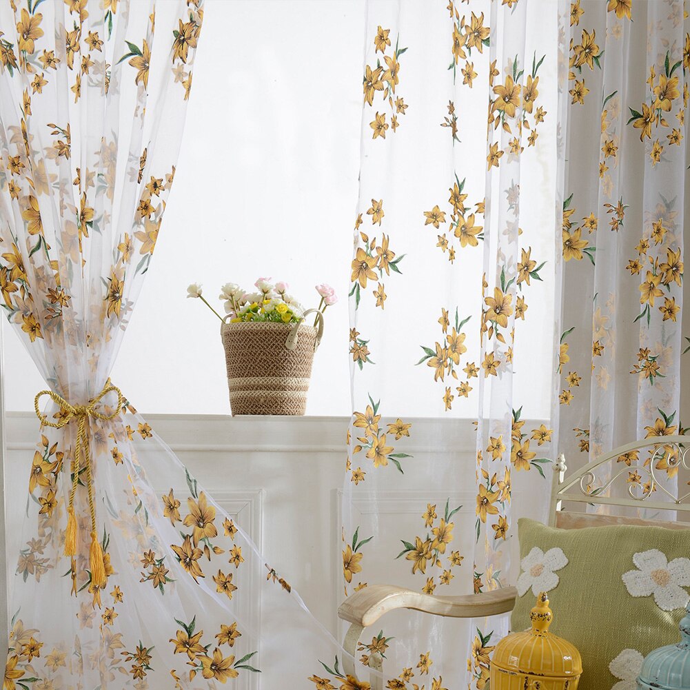 Sheer Curtains Floral Printed Semi-Transparent Curtains Eyelet Voile Floral Curtains For Home Living Room Decor Yellow 100x200cm
