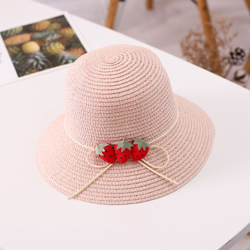 bonnet bebe fille Ensemble chapeau et sac en paille ondulé à la fraise pour fille, 2 pièces, accessoires de protection solaire pour enfants de 3 à 8 ans, printemps et été: Hat-Pink