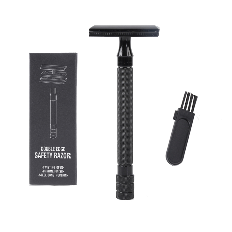 Maquinilla de afeitar de seguridad con cepillo para hombre, afeitadora clásica de depilación suave, doble filo, máquina de afeitar de acero inoxidable, cuchillas, maquinilla de afeitar: Negro