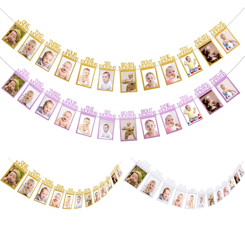 1set 12 marco de fotos de meses Banner primeros banderines con de feliz cumpleaños decoraciones para Baby Shower guirnaldas de papel cabina de fotos suministros de