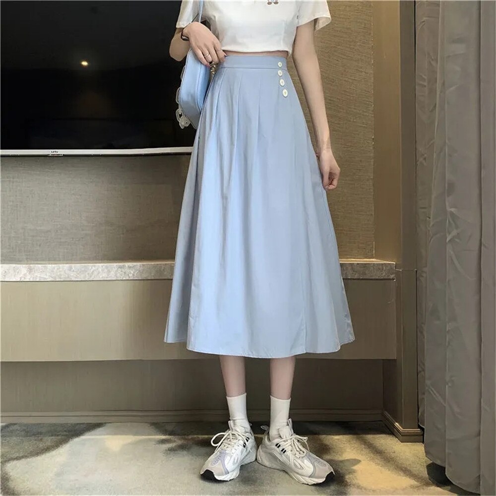 Letnia jednokolorowa plisowana spódnica wysokiej talii guziki żółte niebieskie białe długie spódnice damskie koreańskie Casual dzikie spódnice trapezowe Streetwear: BŁĘKITNA / M