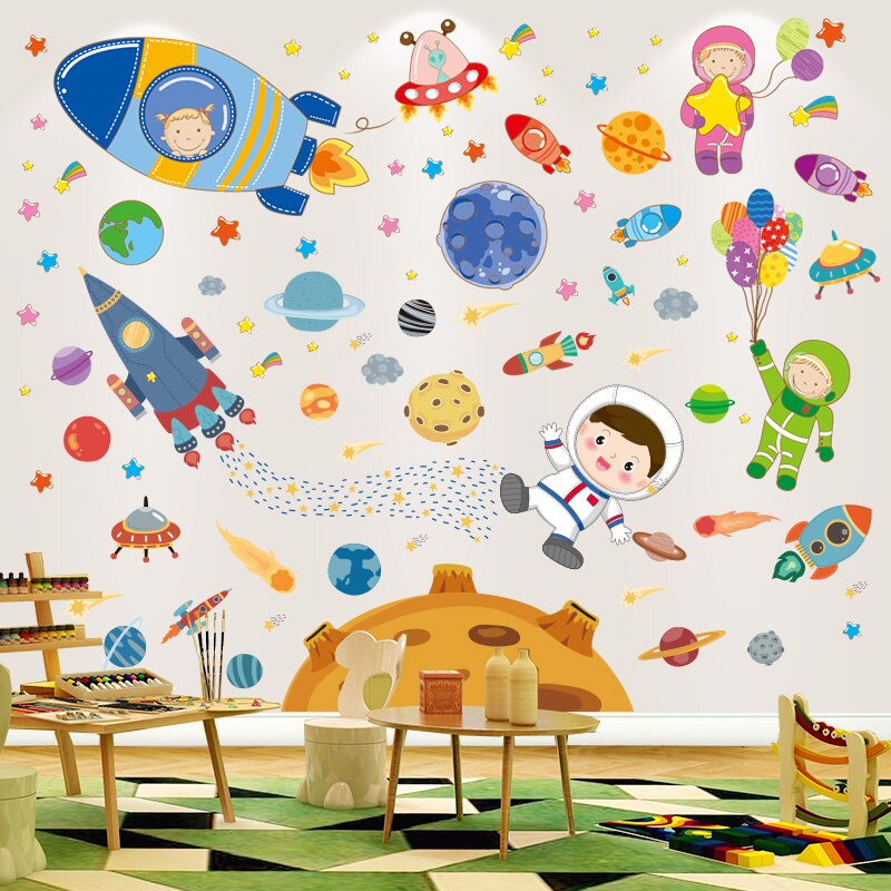 [shijuekongjian] ruimte muurstickers vinyl diy planeten raketten muurstickers voor kinderkamers babykamer huisdecoratie