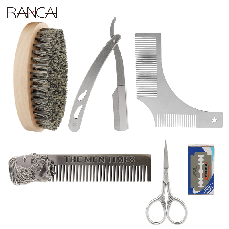Shaving Beard Brush 5 Piece Set Bristle Men Trim Barber Shop Scissor Hairdresser Comb Razor With Bag Kit