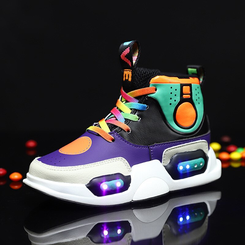 Meninos brilhantes tênis 2019 novas crianças led sapatos usb charing led de volta luz sapatos meninas flash luminosa tênis zapatillas nina: Laranja / 12