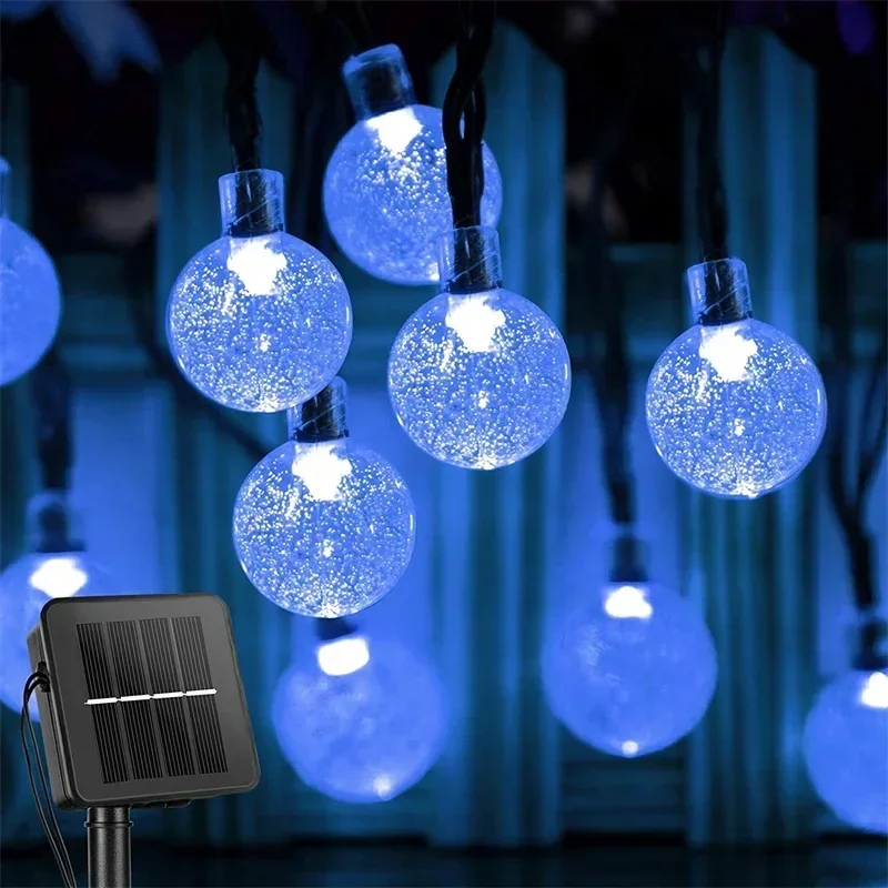 Solcelledrevne lyskæder udendørs soldrevet lys led krystalkuglelys med 8 tilstande vandtæt til havejulefestdekoration: Havblåt / 6-10w