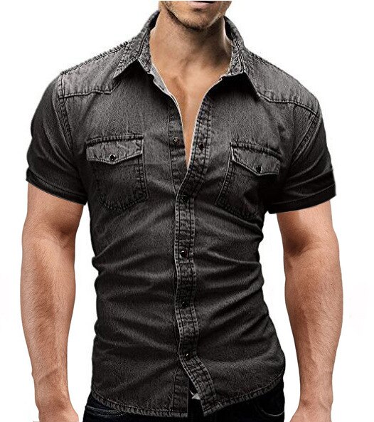 Camisas de mezclilla de hombres de verano de para hombre manga corta suave camisas de algodón ligero de corte Slim elástico Jeans hombre vaquero ropa XXXL: dark grey / L