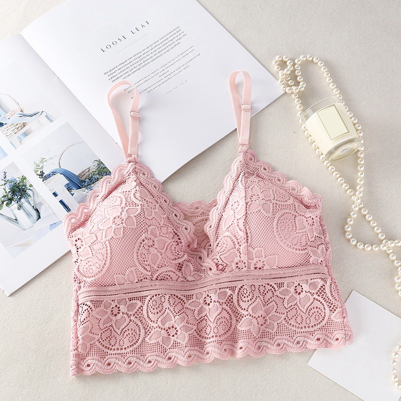 Women Wireless Bra Padded Bralette Deep V Lace Bras Summer Crop Top Embroidery Floral Tank Top: Pink