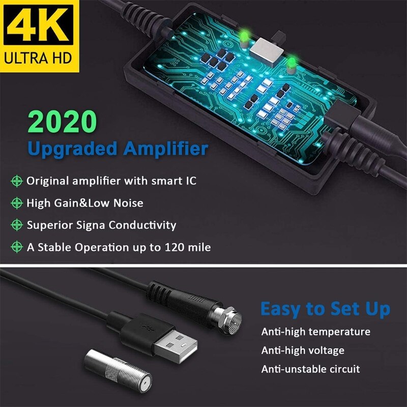 High Power Indoor TV Antenna TNT Antenna With Signal Amplifier 120-Mile H D TV Antenna 1080P H D 4K VHF UHF FM