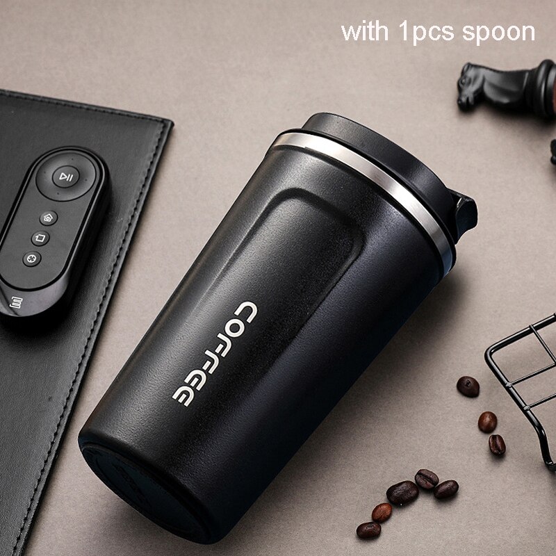 380/510ml 304 rostfria kaffemuggar tumblers kopp med lock vakuumisolering kaffe resemuggar bil termoskopp drickskopp: Svart utan låda / 380ml