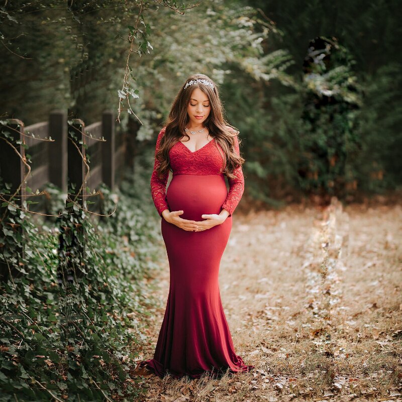 Lace Maternity Dresses for Photography Maternity Photo Shoot Outfit Maxi Gown Pregnancy Women Lace Long Dress: red wine