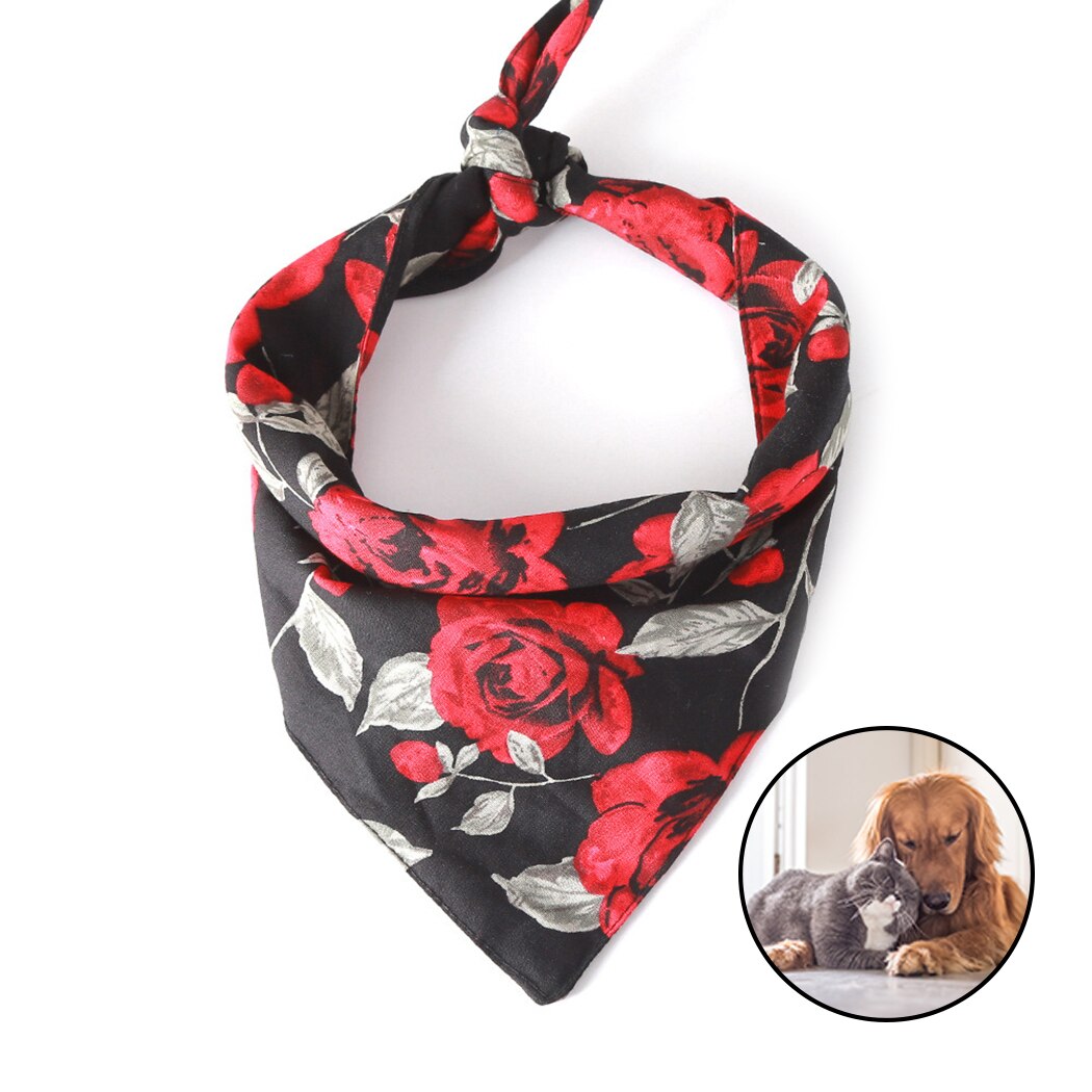 Bandana de algodón con estampado de flores para mascotas, babero para perro, gato, Día de San Valentín, rosa roja, triángulo, Rosa Negra: Black
