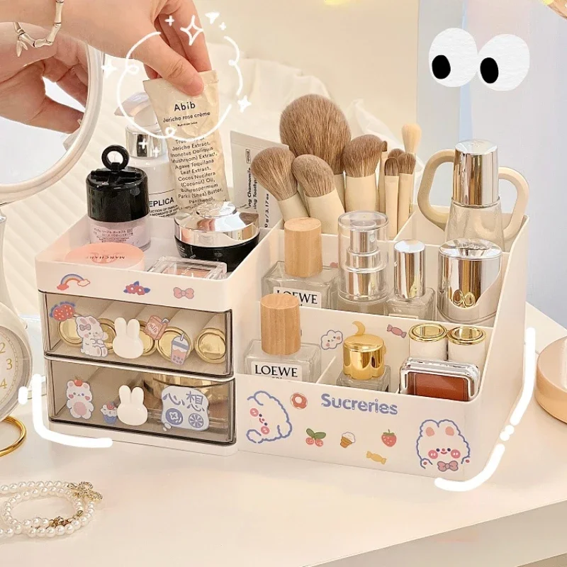 Caja de almacenamiento de cosméticos de escritorio, cajón organizador, estante de almacenamiento de oficina, papelería, portalápices de escritorio, organizador de cajón de conejito, bonito Kawaii