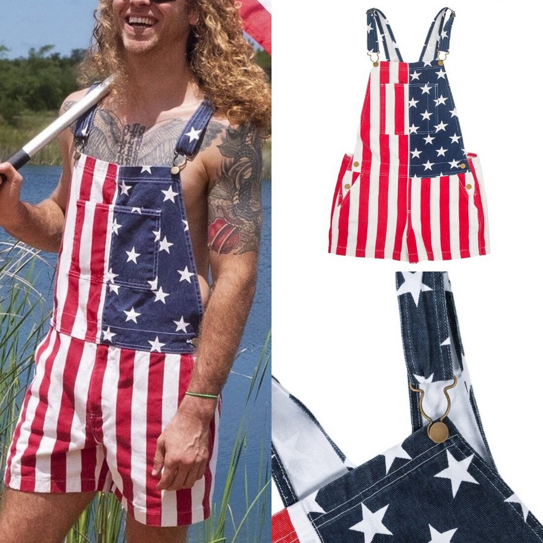 Frauen Männer Denim Overall Jeans Shorts Amerikanische flagge Drucken Lässige Paar Overalls Shorts Strampler Kurze Hosen Streetwear