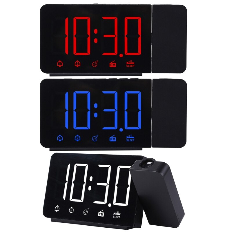 LED Digital 2 Alarm Clock USB Electronic Desktop Watch Wake Up FM Radio Time Projector Snooze Function
