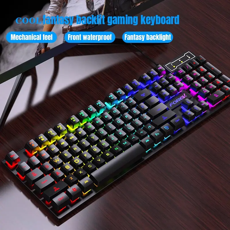Zestaw komputerowy: klawiatura RGB USB przewodowa, mysz, słuchawki, podkładka pod mysz, klawiatura 104 klawiszy, mysz z 4 przyciskami, odczucie mechanicznego klikania myszy, wodoodporny, pyłoszczelny.