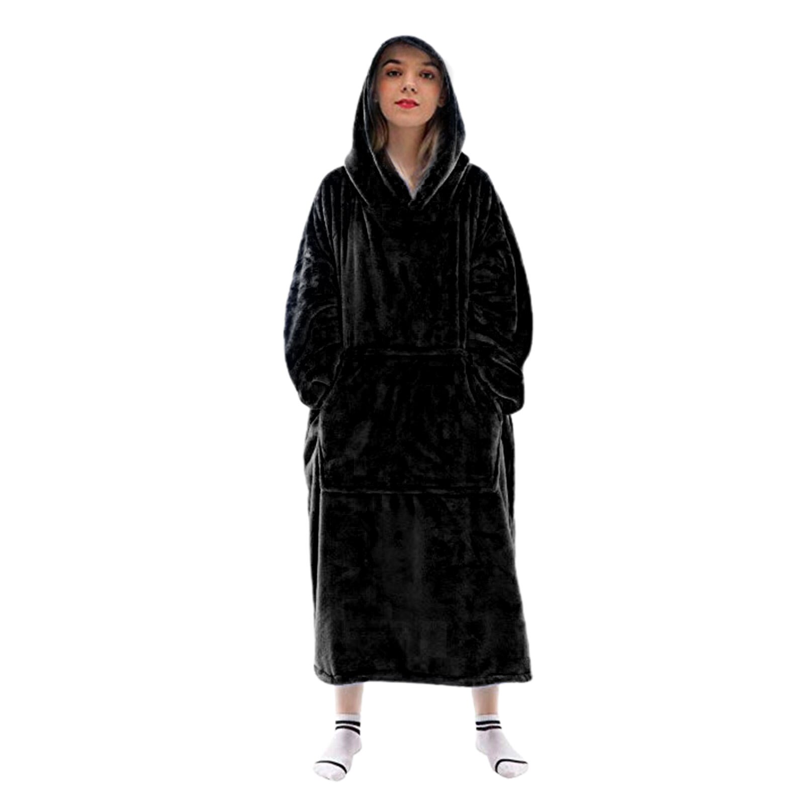 Flannel thickened warmth can wear blanket big hoodie household kangaroo pocket long sweatshirt: Black