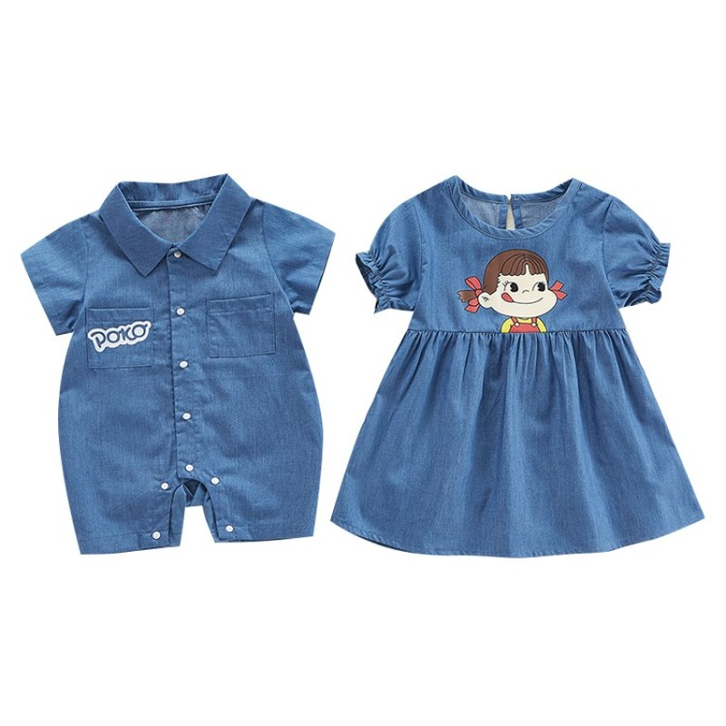 Denim Strampler für Junge und Kleid für Mädchen Karikatur Druck Baby Karosserie Zwilling Outfits Nette Kleidung für Neugeborene Baby dinge