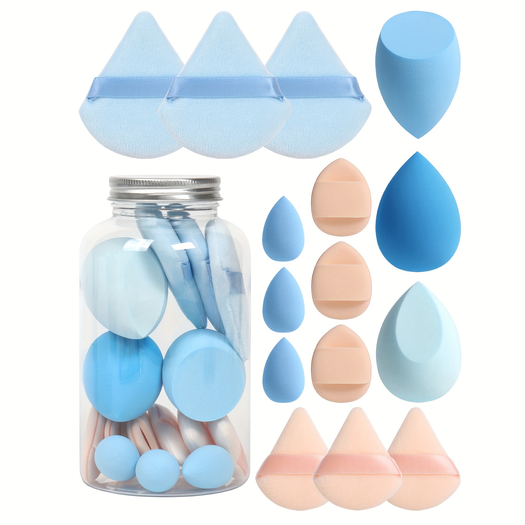 Primavera 15 latas, 3 esponjas para polvos sueltos y 3 mini esponjas para polvos sueltos y 3 mini huevos de maquillaje y 3 mini esponjas con cojín de aire, mezcla de bases: Blanco