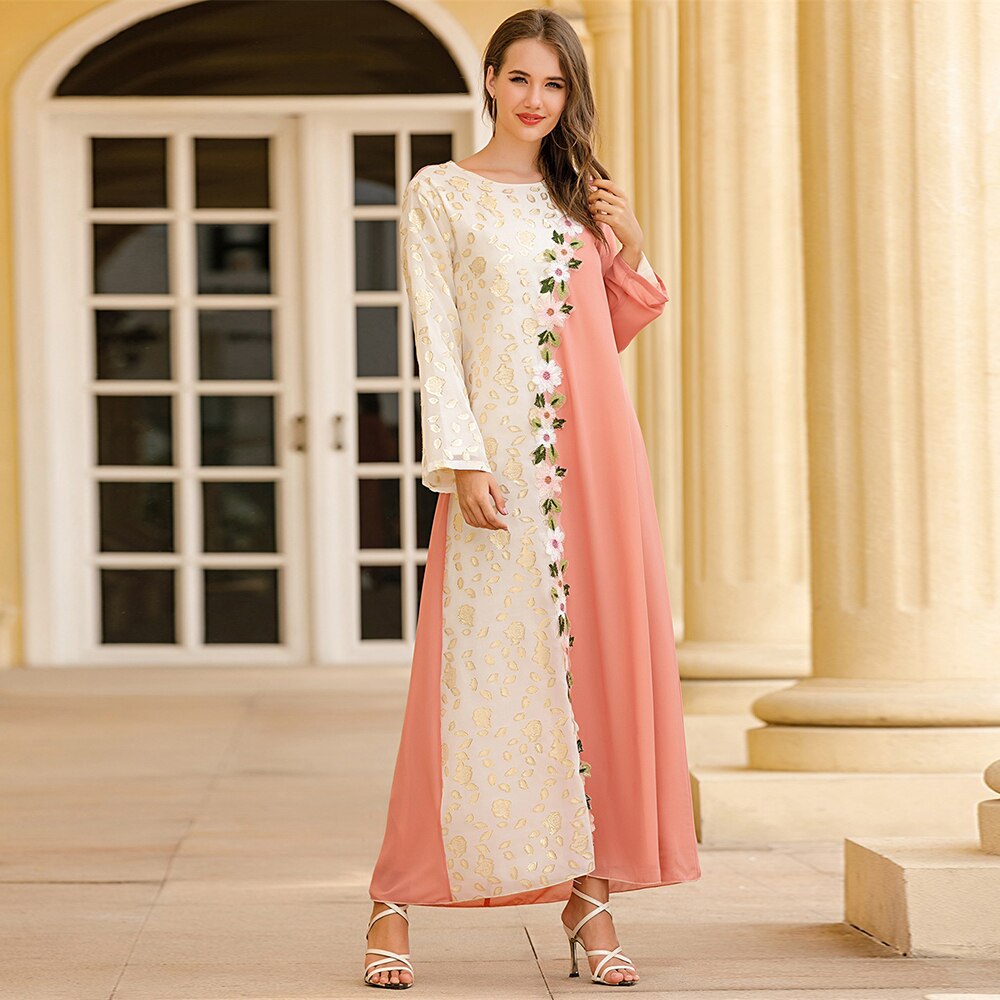 Dubai kjole beskjeden søt oransje rosa blomster broderi langermet arabiske muslimske kjoler oman uformelt abayas kaftan