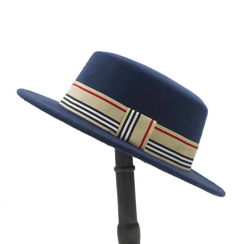 Frauen Männer Wolle Flache Homburg Filzhut Gentleman Schweinefleisch Kuchen Kirche Bootsfahrer Panama oben Kappen Gute Paket Größe 56-58 CM: dunkel Blau