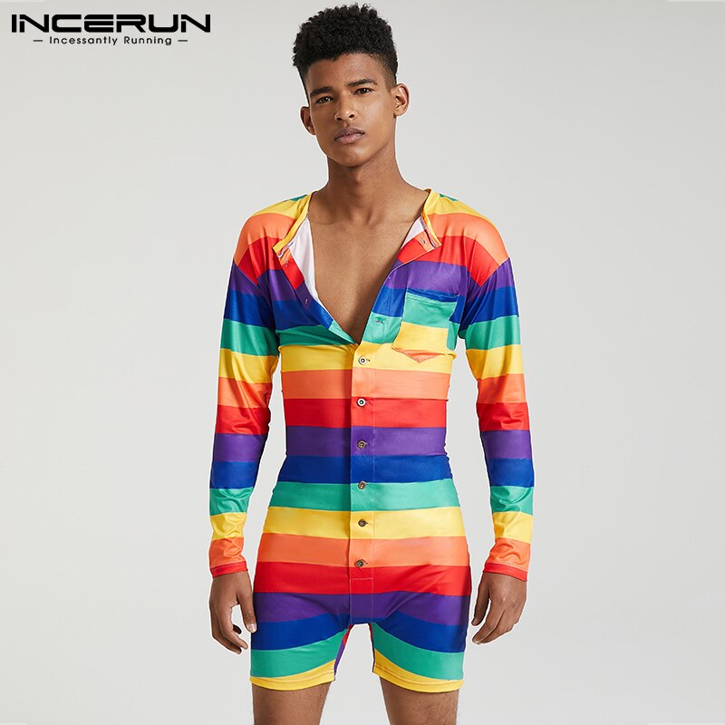 INCERUN Men Striped Romper Pajamas Colorful Long Sleeve Button Casual Jumpsuits Homewear Cozy Fitness Mens Overalls Nightwear