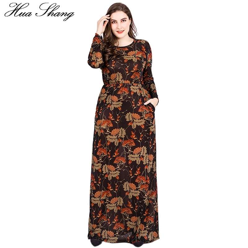 6xl plus size lange kjoler med lange ærmer kvinder sommer retro blomsterprint vintage kjole lommer gulv længde festkjole