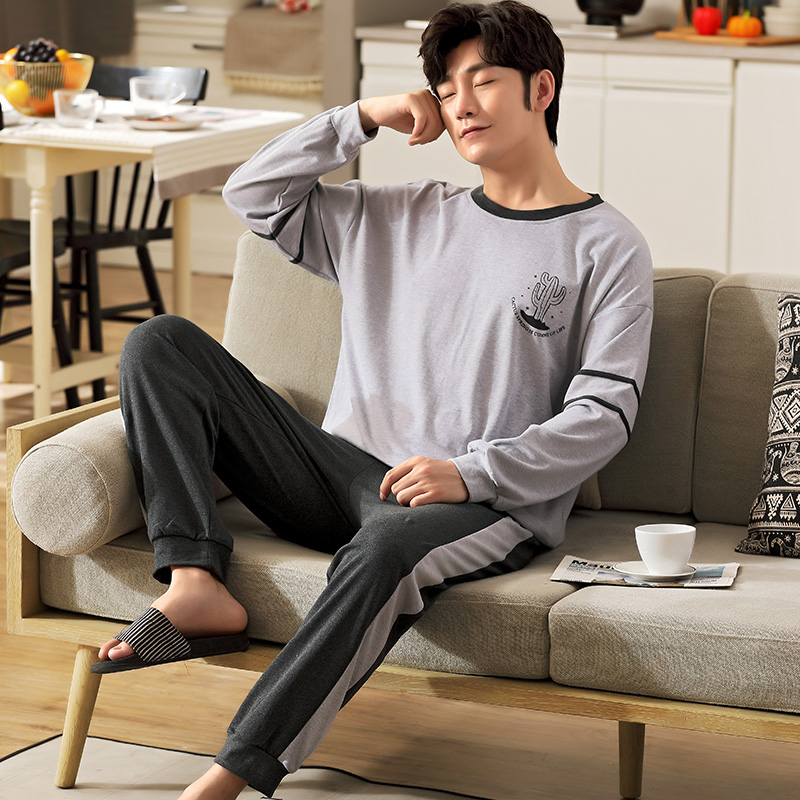 Outono cactus padrão conjuntos de pijamas masculinos manga longa topos calças compridas algodão puro completo homewear casual primavera sleepwear define L-4XL
