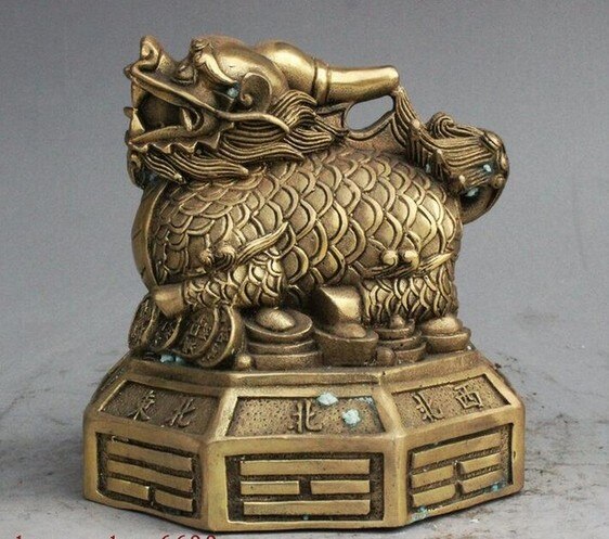 YM 308 chinese FengShui brass Dragon Kylin Eenhoorn Leeuw Op Acht Diagrammen standbeeld
