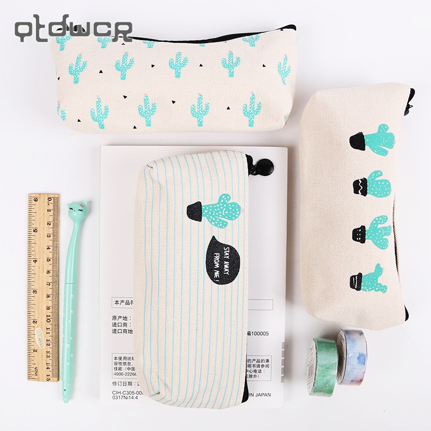 1pc korte stijl groene cactus canvas grote capaciteit etui opbergruimte etui schoolbenodigdheden