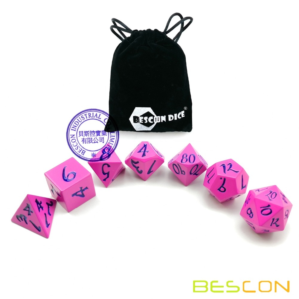 Bescon Stijl Solid Metal Dice Set Diepe Roze W/Zwarte Cijfers, Metallic Rpg Miniatuur Polyhedrale Dobbelstenen Set