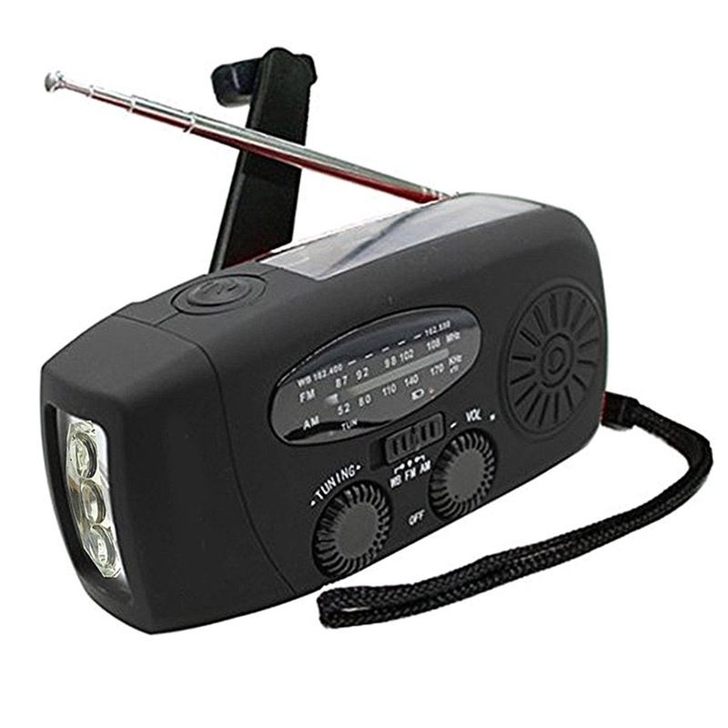 Emergency Solar Hand Crank AM FM WB Radio 3 LED Flashlight Phone Charger: Black