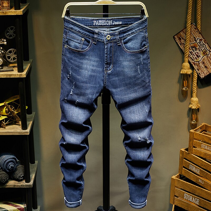 KSTUN Ripped Denim Jeans Men Stretch Blue Color Slim Fit High Street Scratched Brand Jeans Male Long Trousers