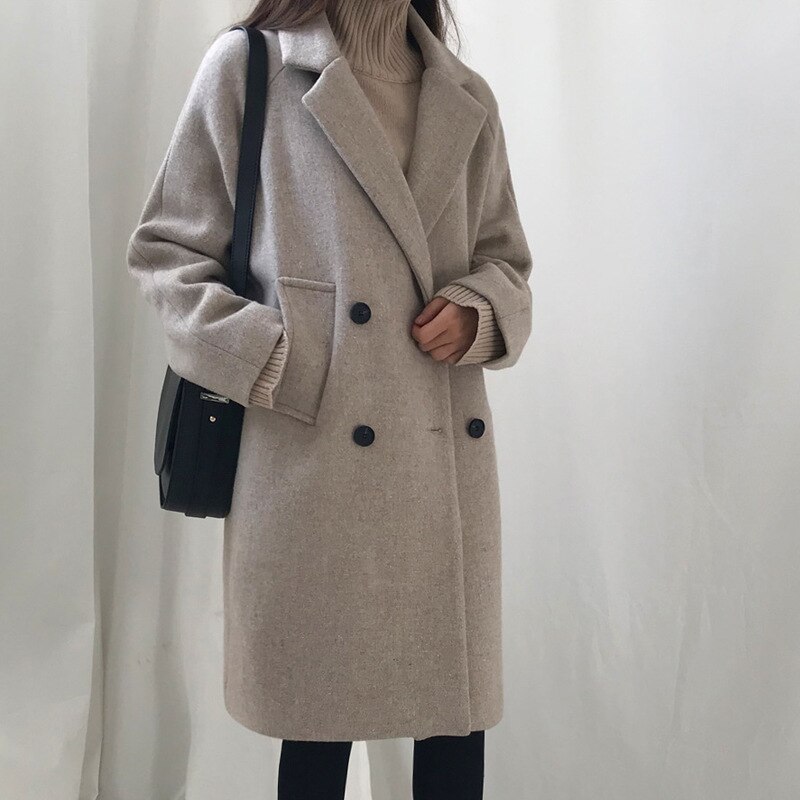 Koreaanse winterwoljas voor dames, grijze jassen met lange mouwen en jassen voor dames, wollen trenchcoat voor dames, plus size xxl