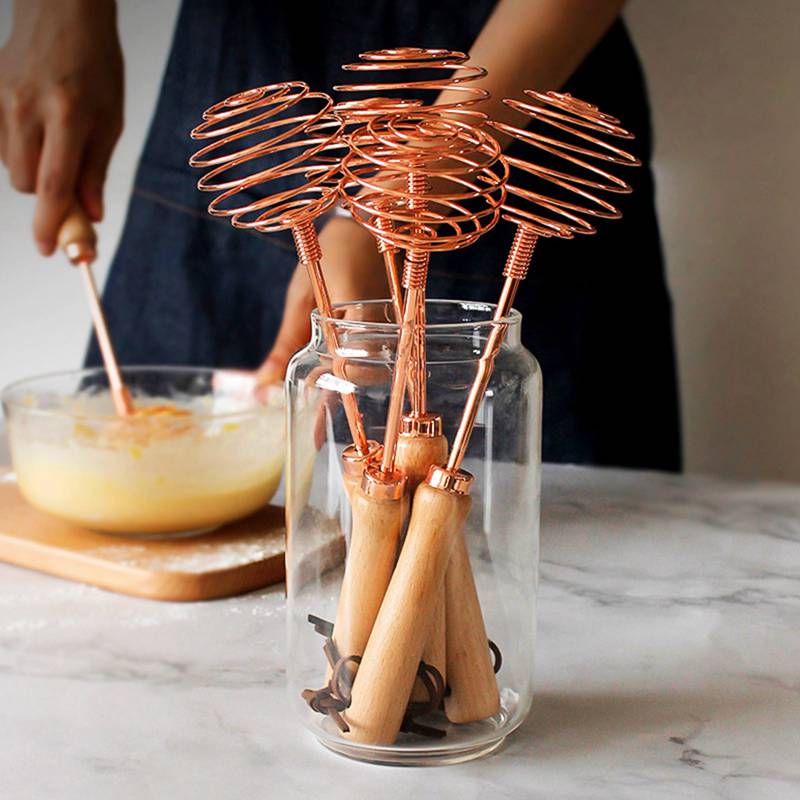 Spirale Edelstahl Schneebesen Rühren Stock Backen Werkzeuge eins Rose Gold Buche Holz Griff Manuelle Schneebesen