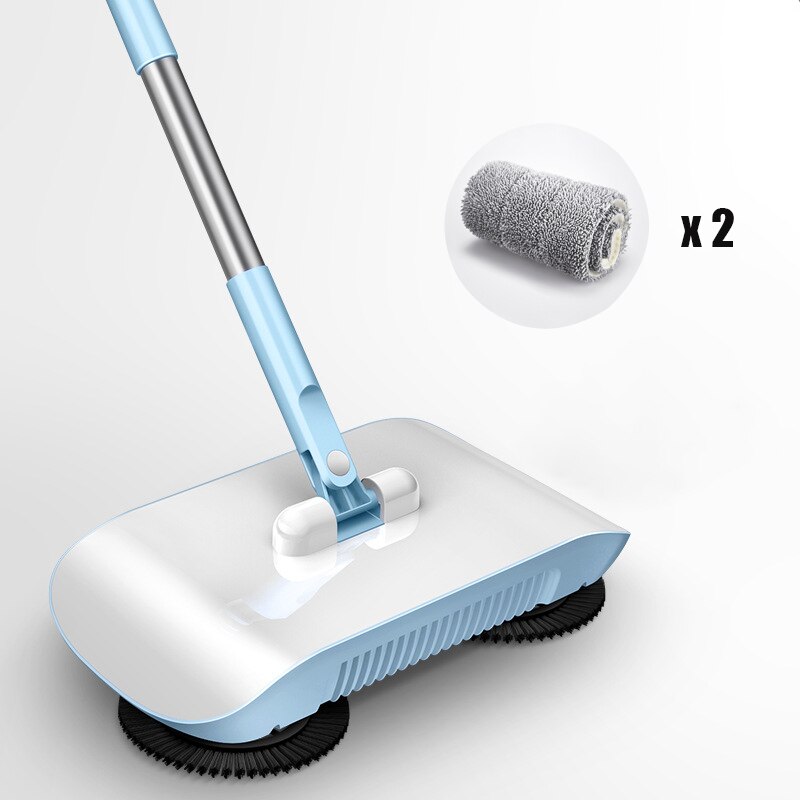 Broom Dustpan Mop All-In-One Hand Push Sweeper Home Cleaning Products Stainless Steel Cleaning Mop No Dead Corner Sweeper: Blue 2cloth