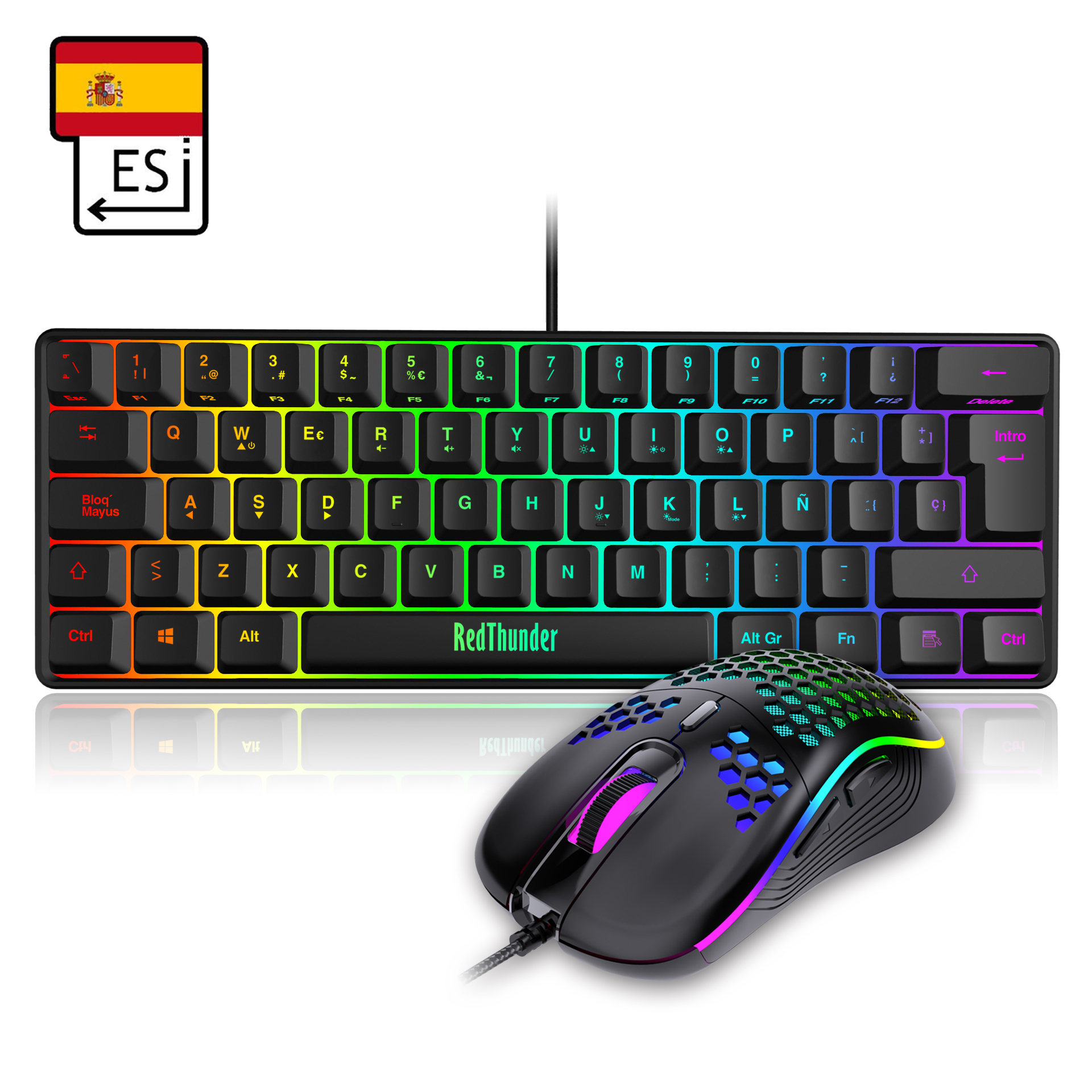 Ensemble clavier et souris de jeu RedThunder 60%, Mini-clavier Ultra-Compact, rétroéclairé rvb, 7200DPI, pour PC et Mac Gamer: ES