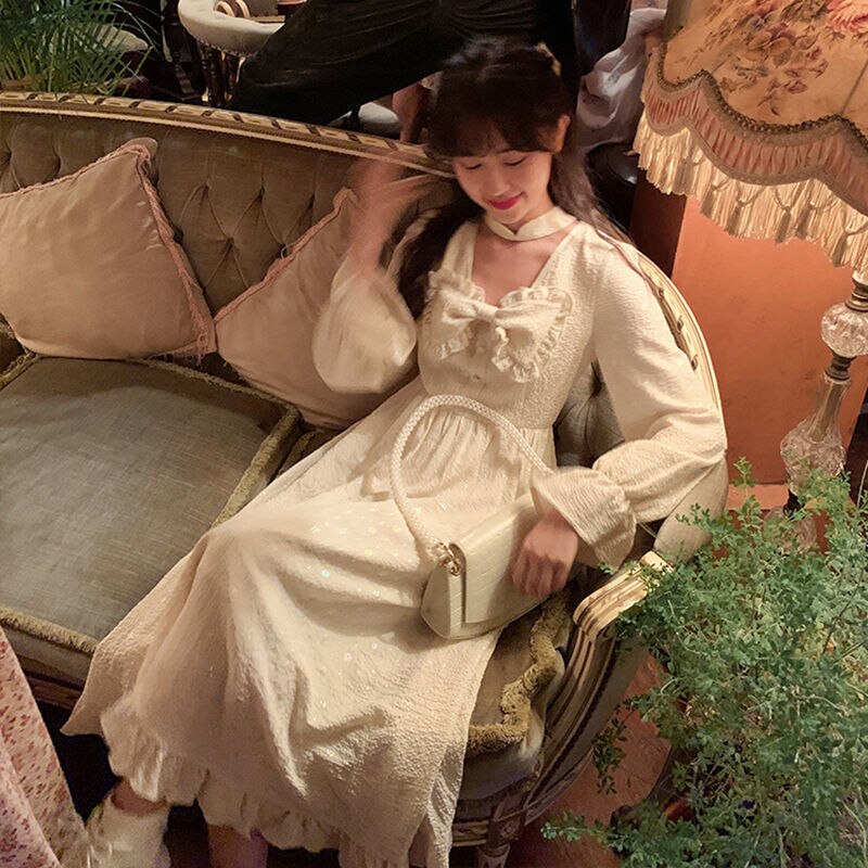 Franse feeënjurk lolita herfst japanse zachte meisjes schattige strik geplooide jurk missy retro victoriaanse middeleeuwse prinsessenjurk