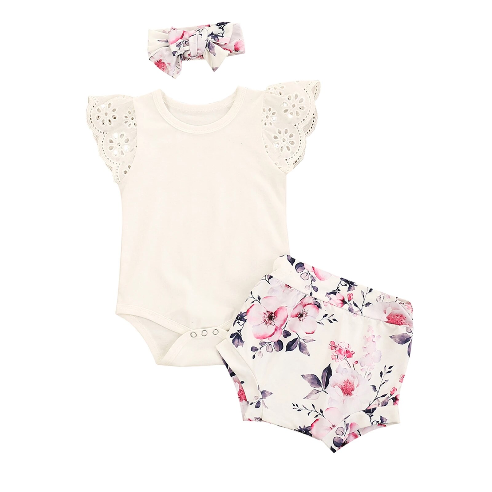 Three Piece Baby Girl’s Clothes Fresh Solid Color Fly Sleeve Jumpsuit and Flower Short Pants with Headband Set