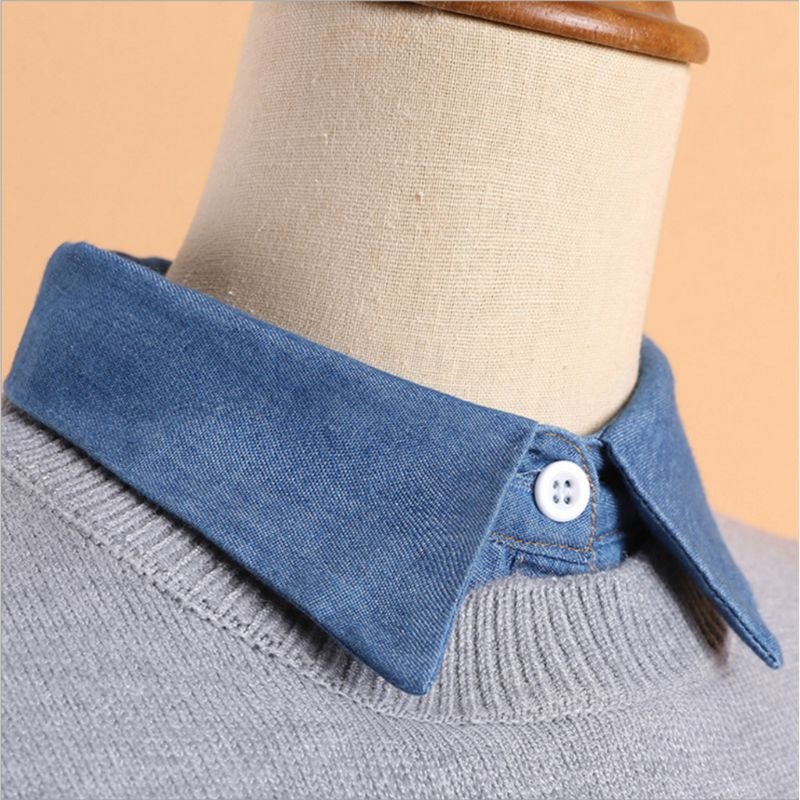 Vrouwen Meisjes Denim Stof Afneembare Half-Shirt Blouse Effen Kleur Revers Valse Nep Kraag Verstelbare Kleding Trui 85WB